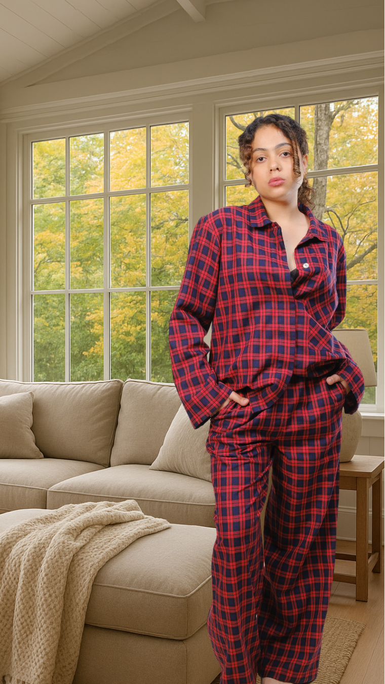 Woman wearing red and blue plaid pajamas standing in a sunroom with large windows.